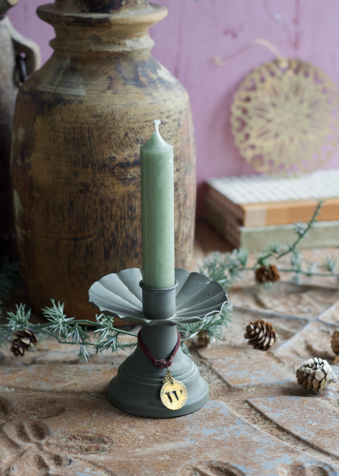 Metal Candle Holder in Old Green