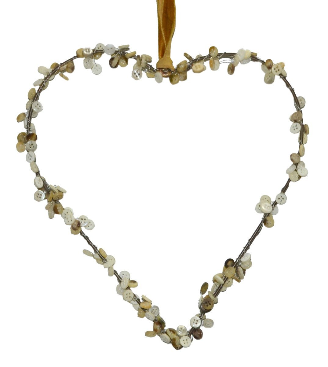 Heart-shaped wire ornament decorated with small vintage buttons and suspended by a golden velvet ribbon.