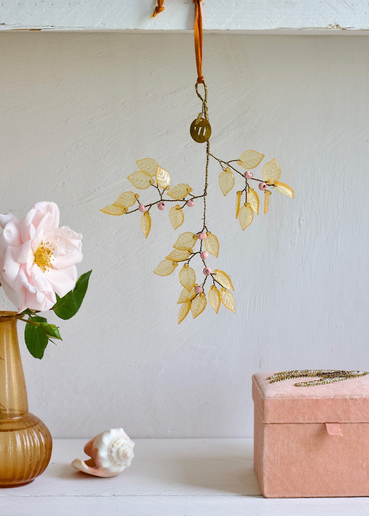 Golden Leaf Ornament with Pink Beads