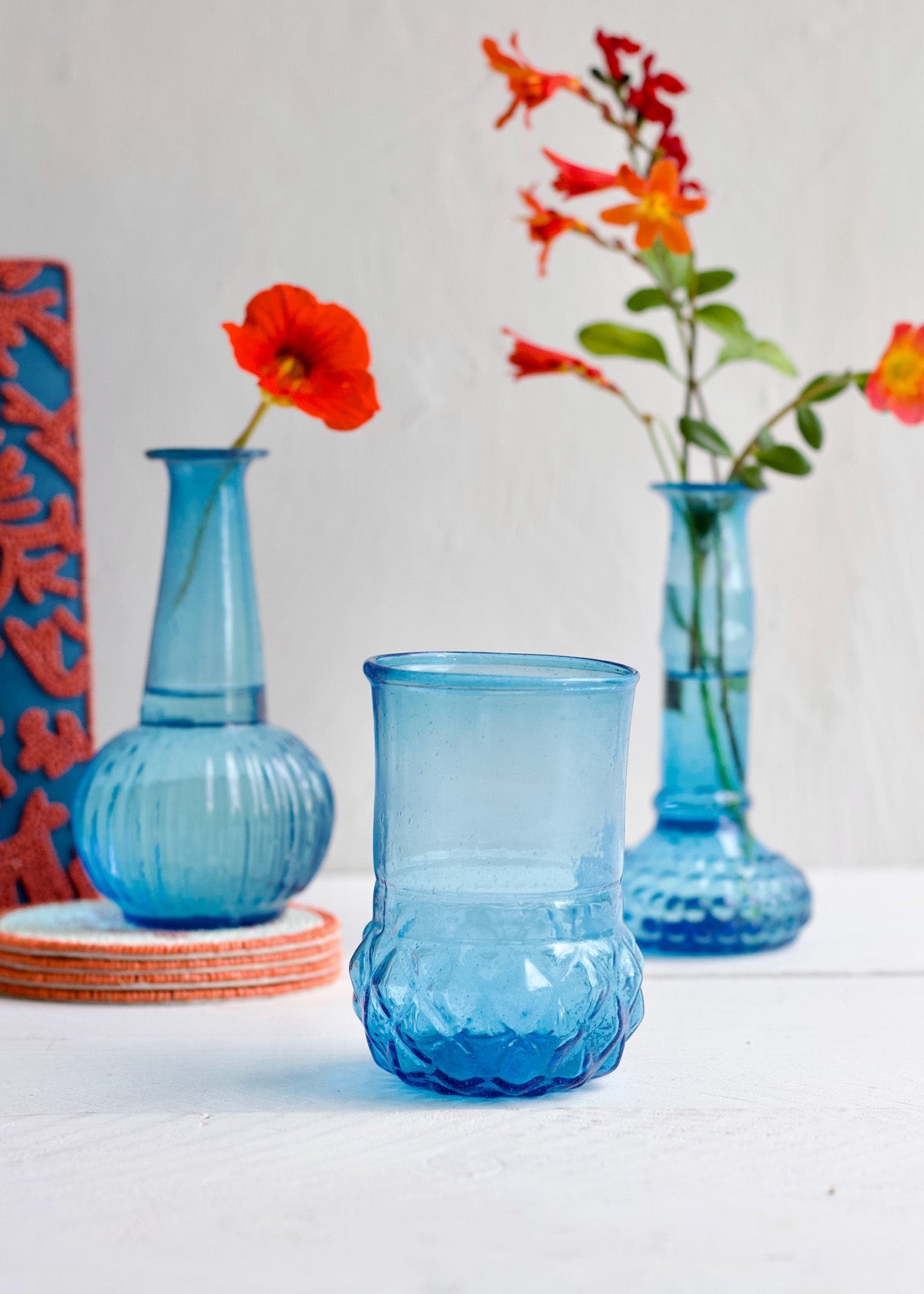 Handmade Light Blue Glass Vase with Geometric Base