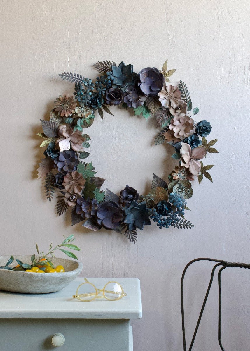 Handmade Metal Flower Wreath in Soft Blues and Greens