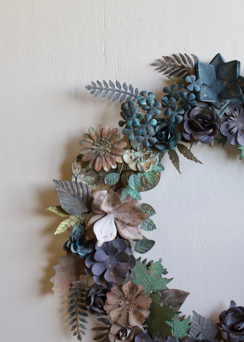 Handmade Metal Flower Wreath in Soft Blues and Greens