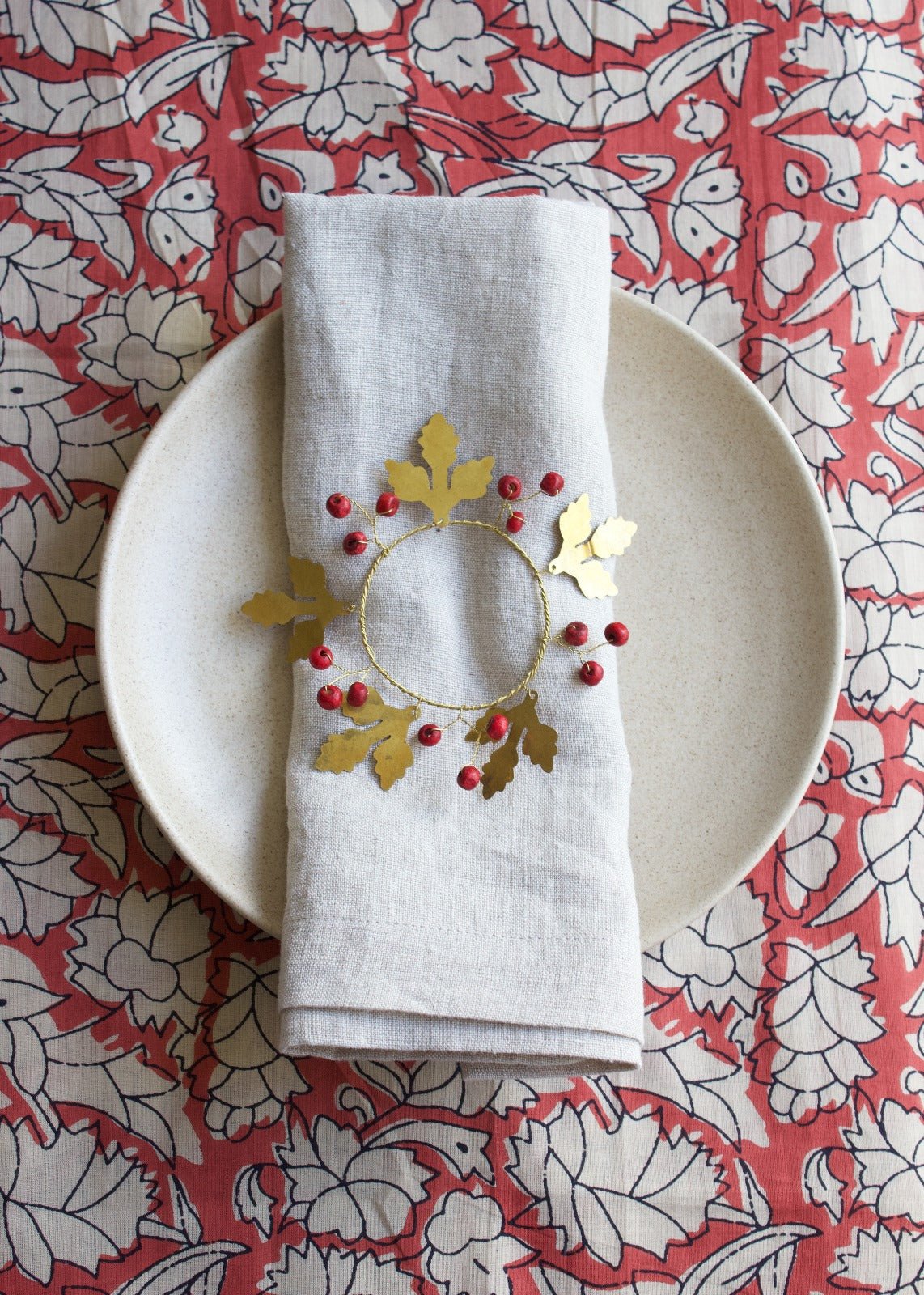 Brass Napkin Ring with Red Wooden Berries