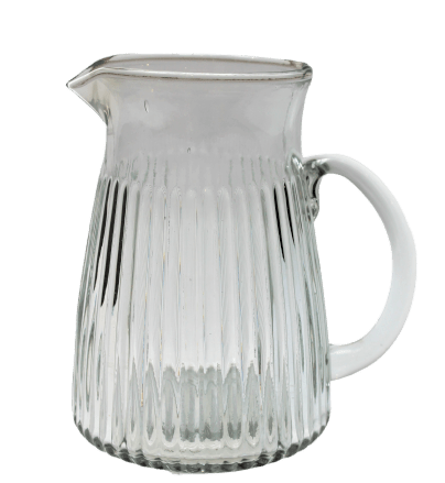 Clear ribbed glass jug with a wide handle and spout.