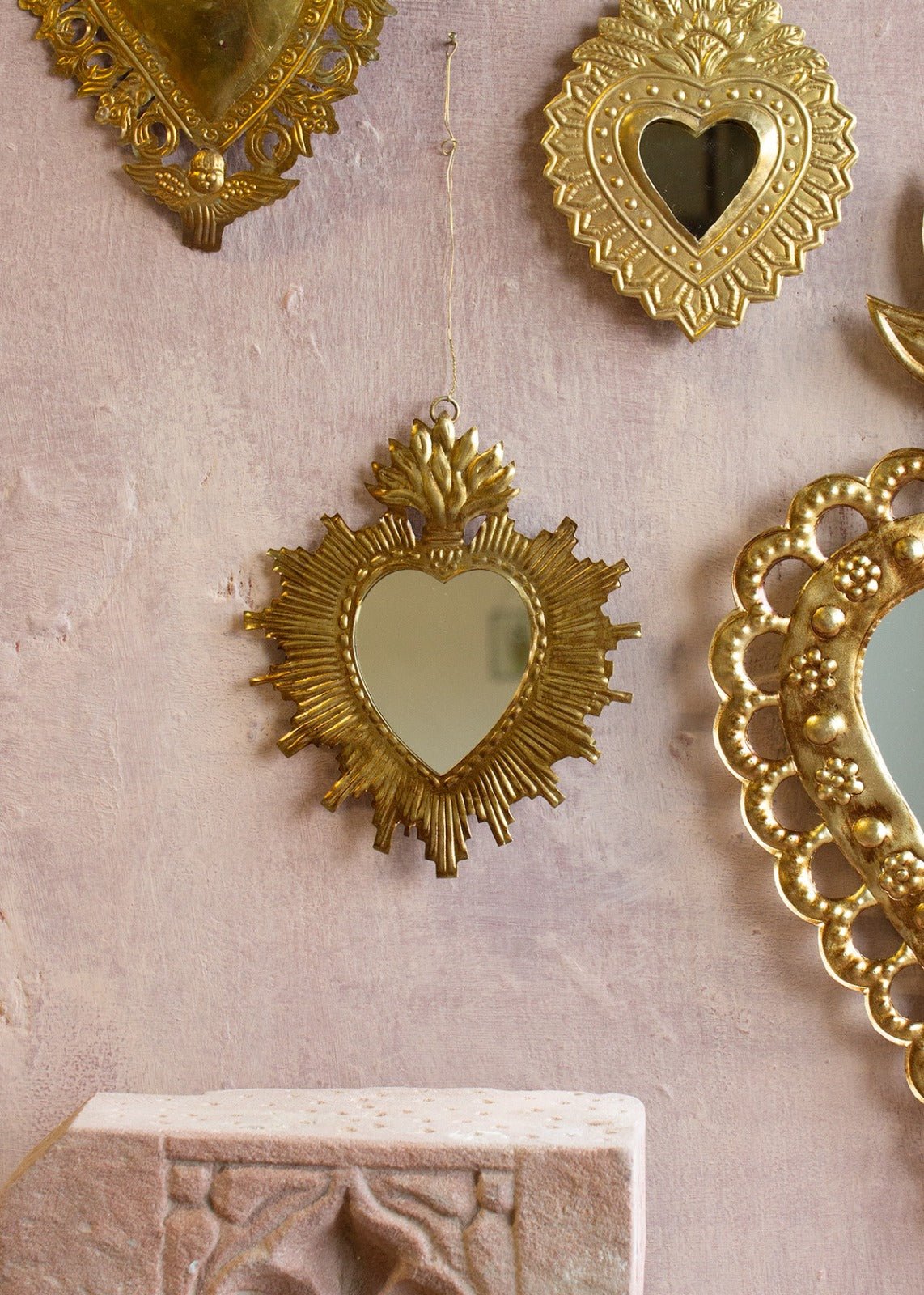 golden sacred heart mirror with rays, handmade in India