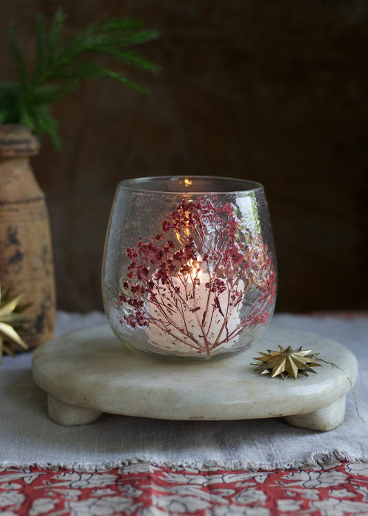 Tealight Holder with Dried Red Flowers Large