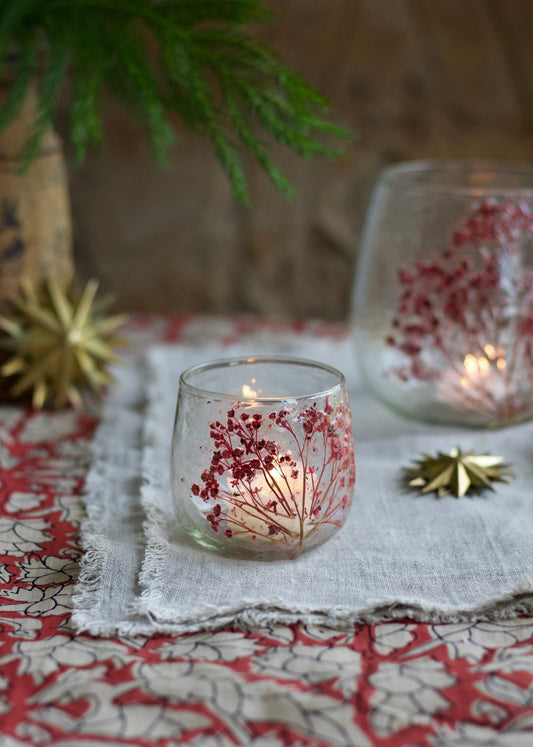 Tealight Holder with Dried Red Flowers Small