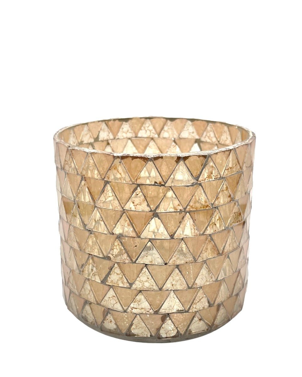 Decorative glass container with triangular pattern on a white background