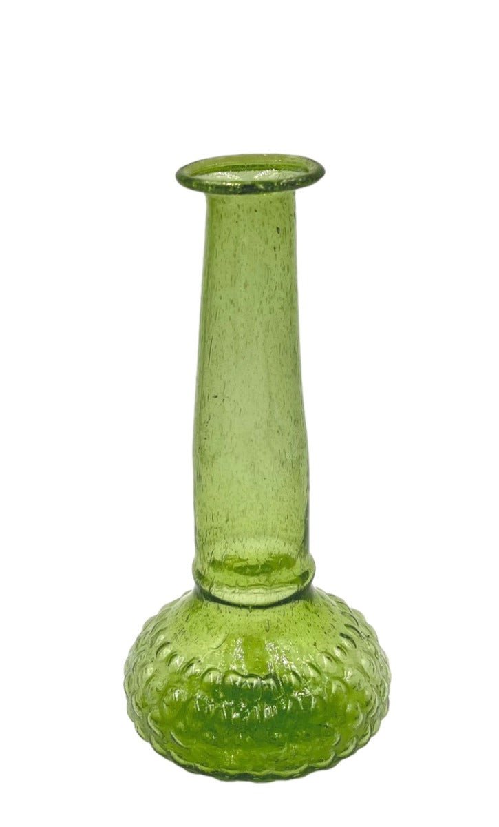 Tall green glass vase with a narrow neck and textured flared base, hand-blown from recycled glass.