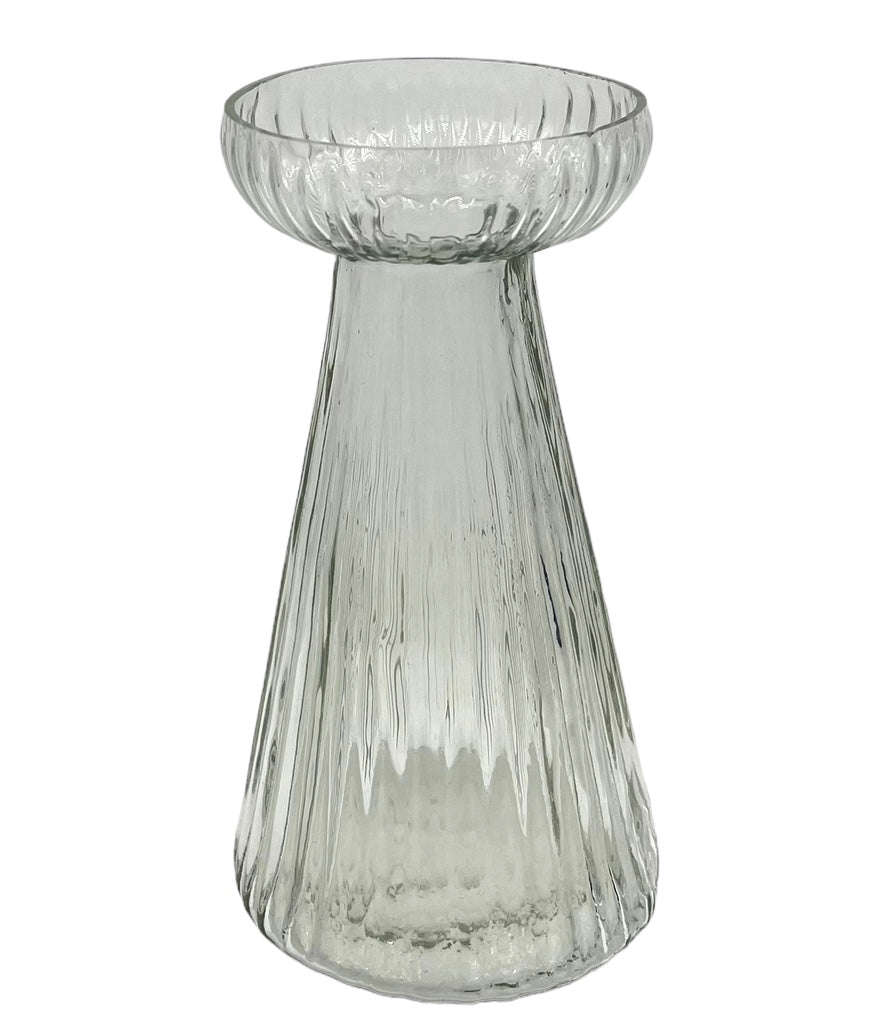 Clear ribbed hyacinth vase made from recycled glass with wide top and elegant conical shape.
