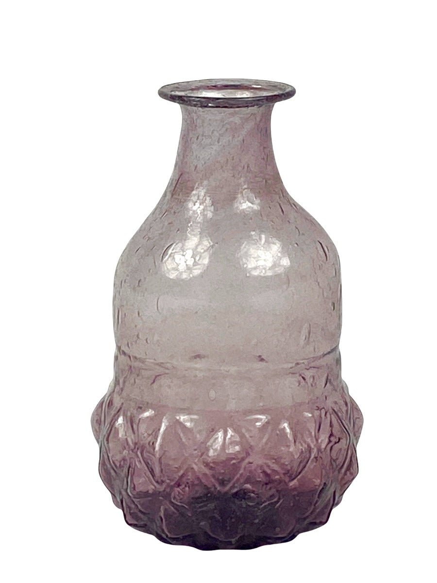 Small lilac glass vase with textured surface and decorative diamond-cut detailing at the base.