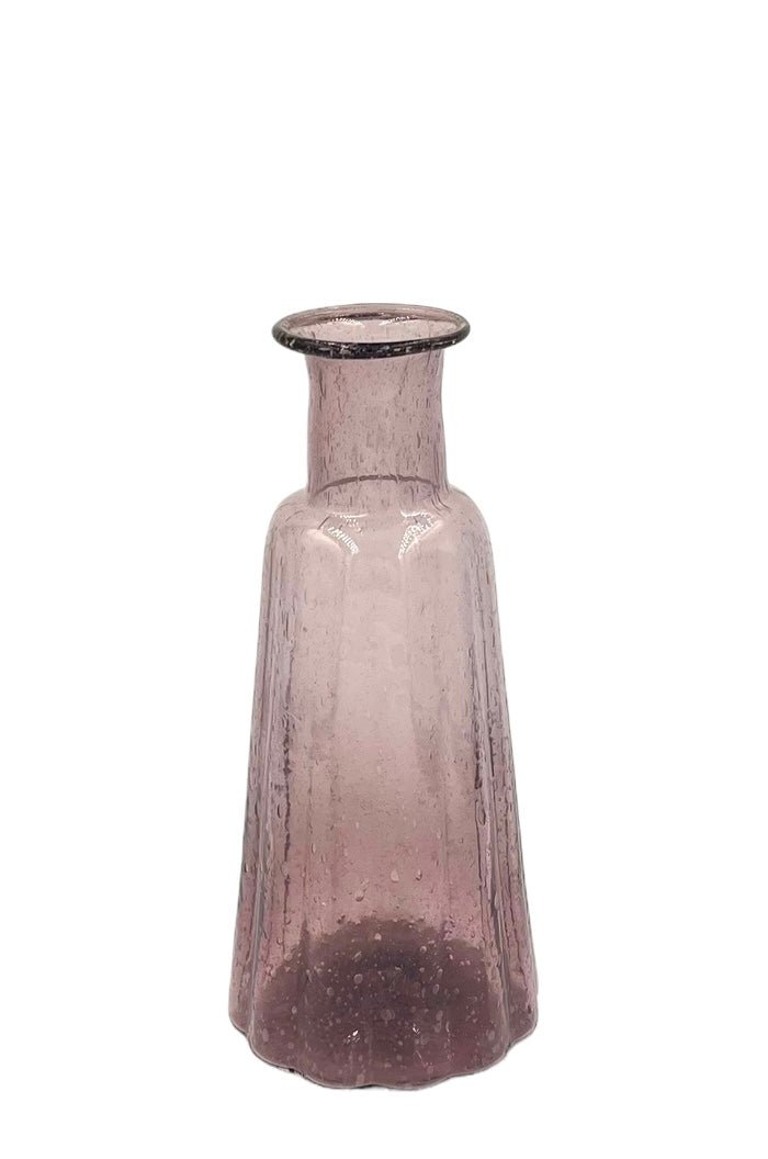 Hand-blown lilac glass vase with fluted body and narrow neck, made from recycled glass.