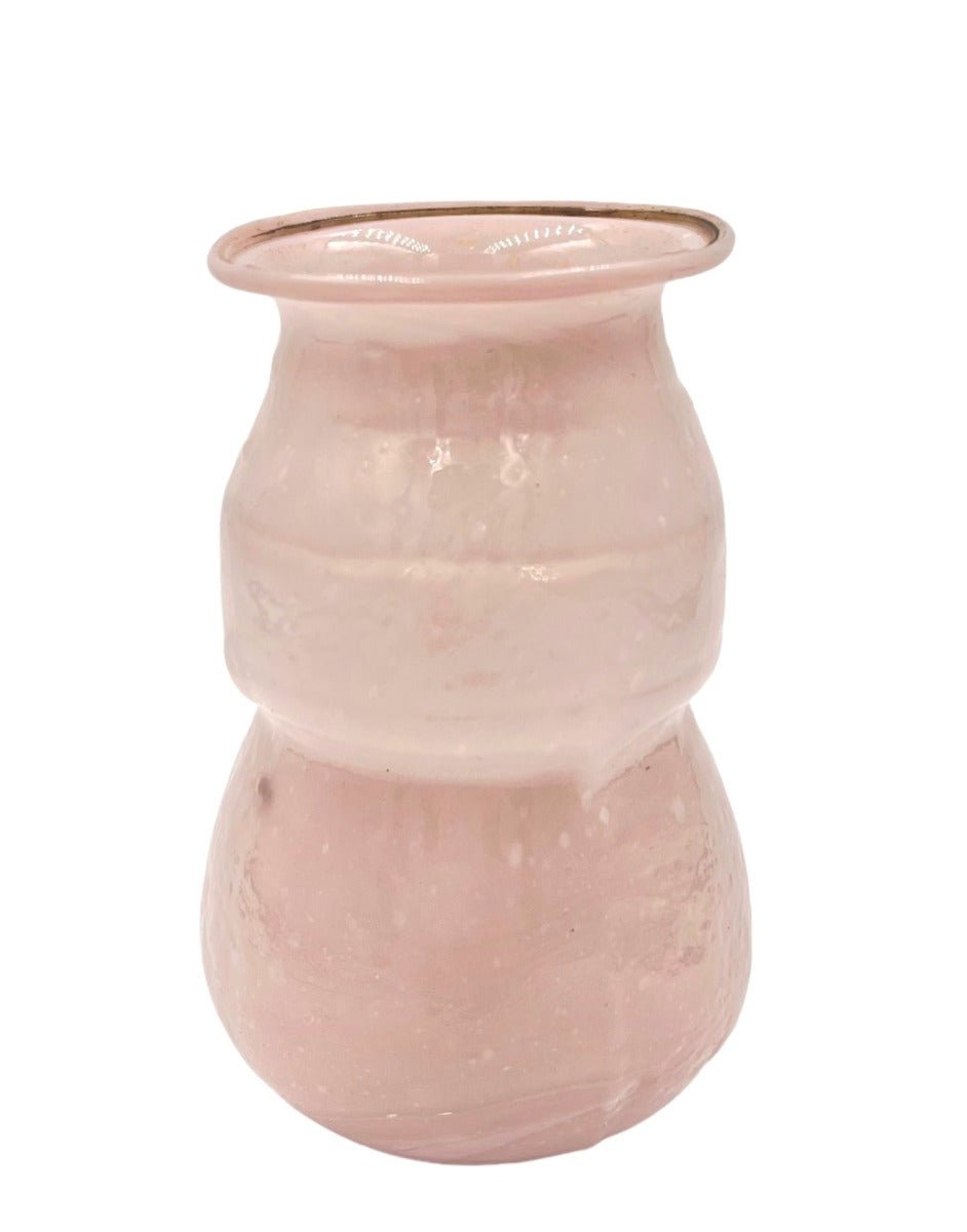 Small opaline glass vase in soft pink with a double-curved silhouette and glossy finish.