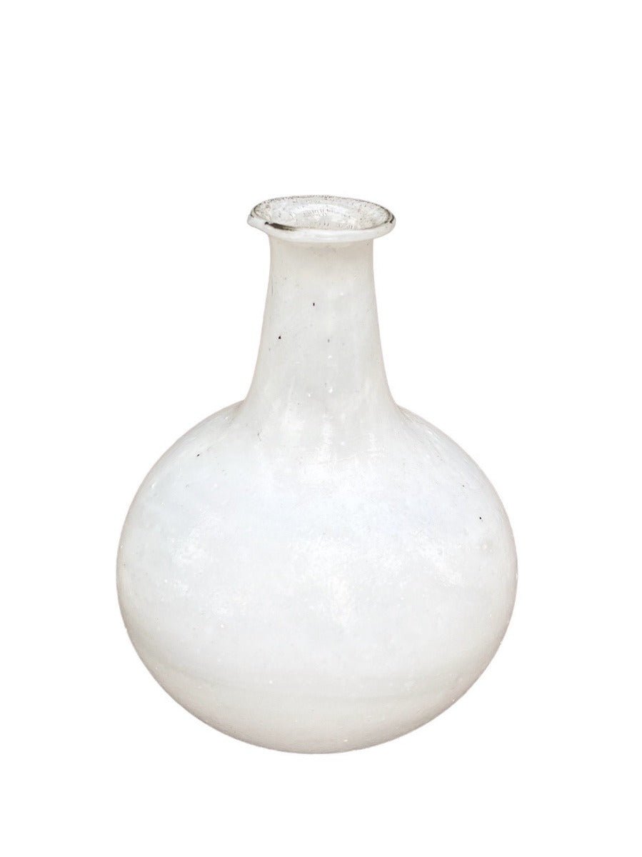 White opaline glass vase with a round belly and narrow neck, featuring a subtle glossy finish and handmade texture.