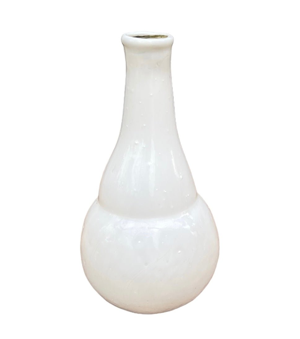 White opaline glass vase with a bulbous base and narrow neck, made from recycled glass and shown against a white background.