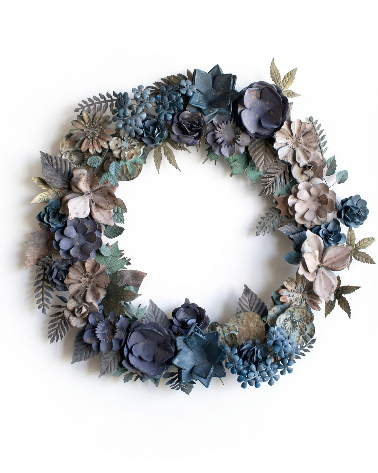 Handmade Metal Flower Wreath in Soft Blues and Greens