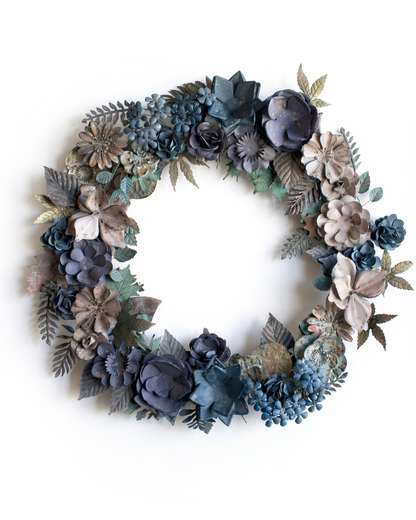 Handmade Metal Flower Wreath in Soft Blues and Greens