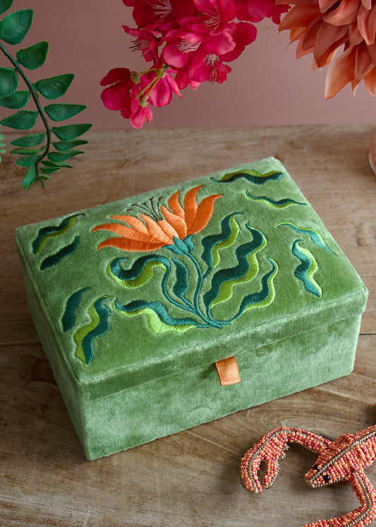 Folk Floral Velvet Box Moss Green