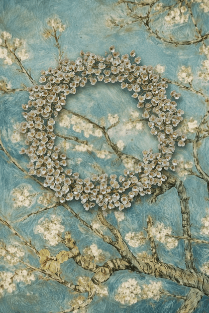Artistic depiction of cherry blossoms with a blue textured background