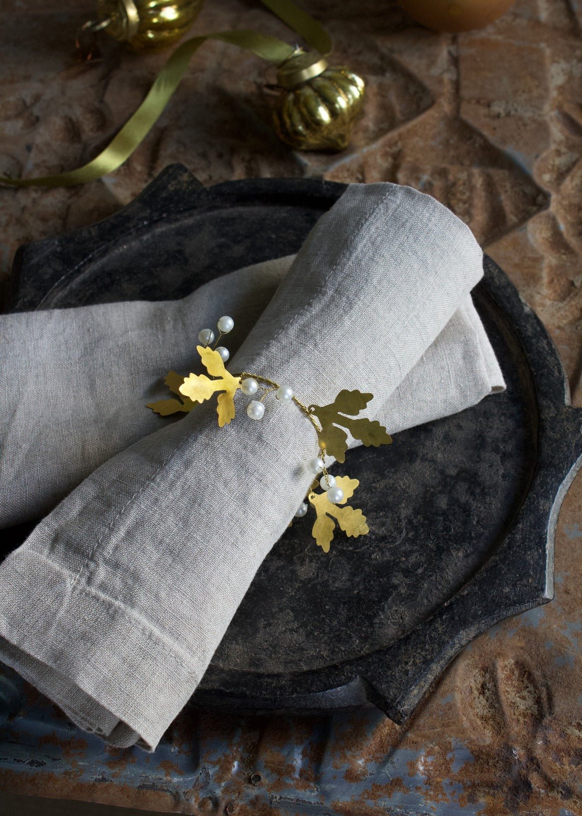 Brass Napkin Ring with Leaves and Pearls