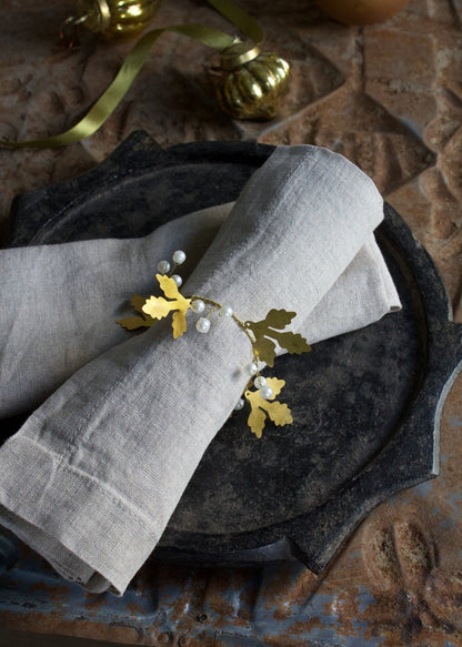 Brass Napkin Ring with Leaves and Pearls