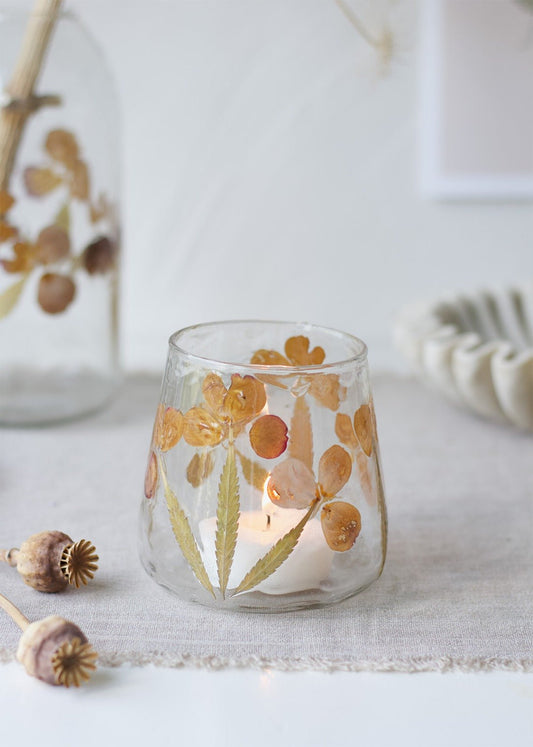 Glass Tealight Holder with Real Pressed Flowers