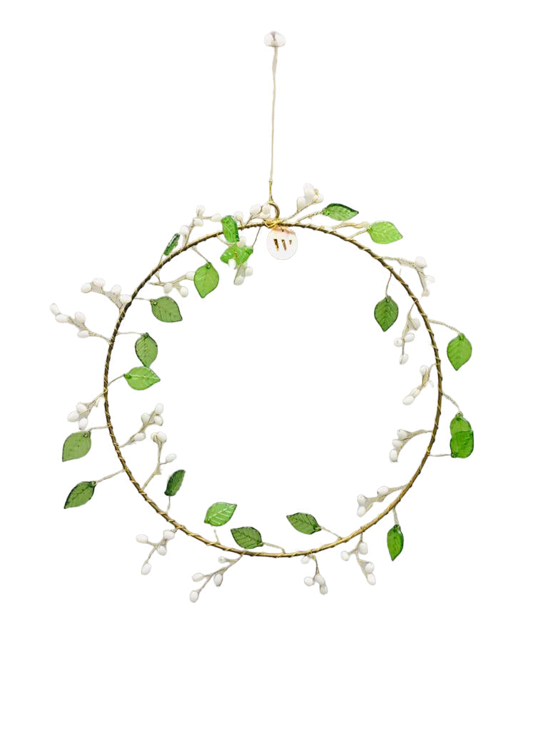 Wreath green leaves and white beads