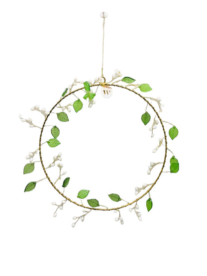 Wreath green leaves and white beads