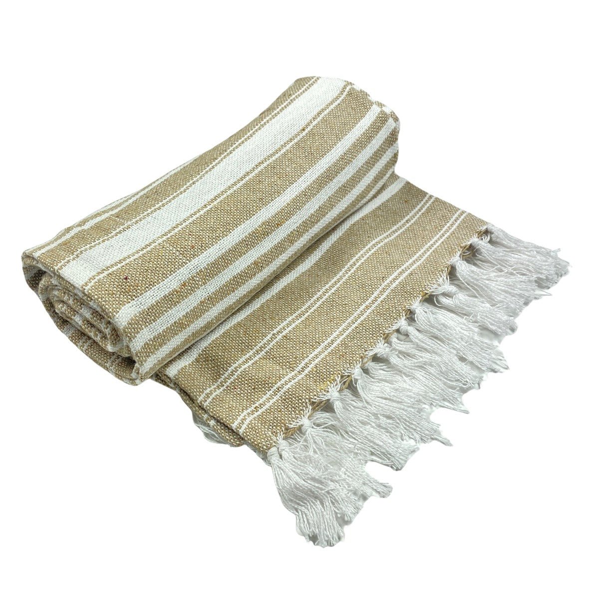 Folded towel with beige and white stripes and tassels on a white background