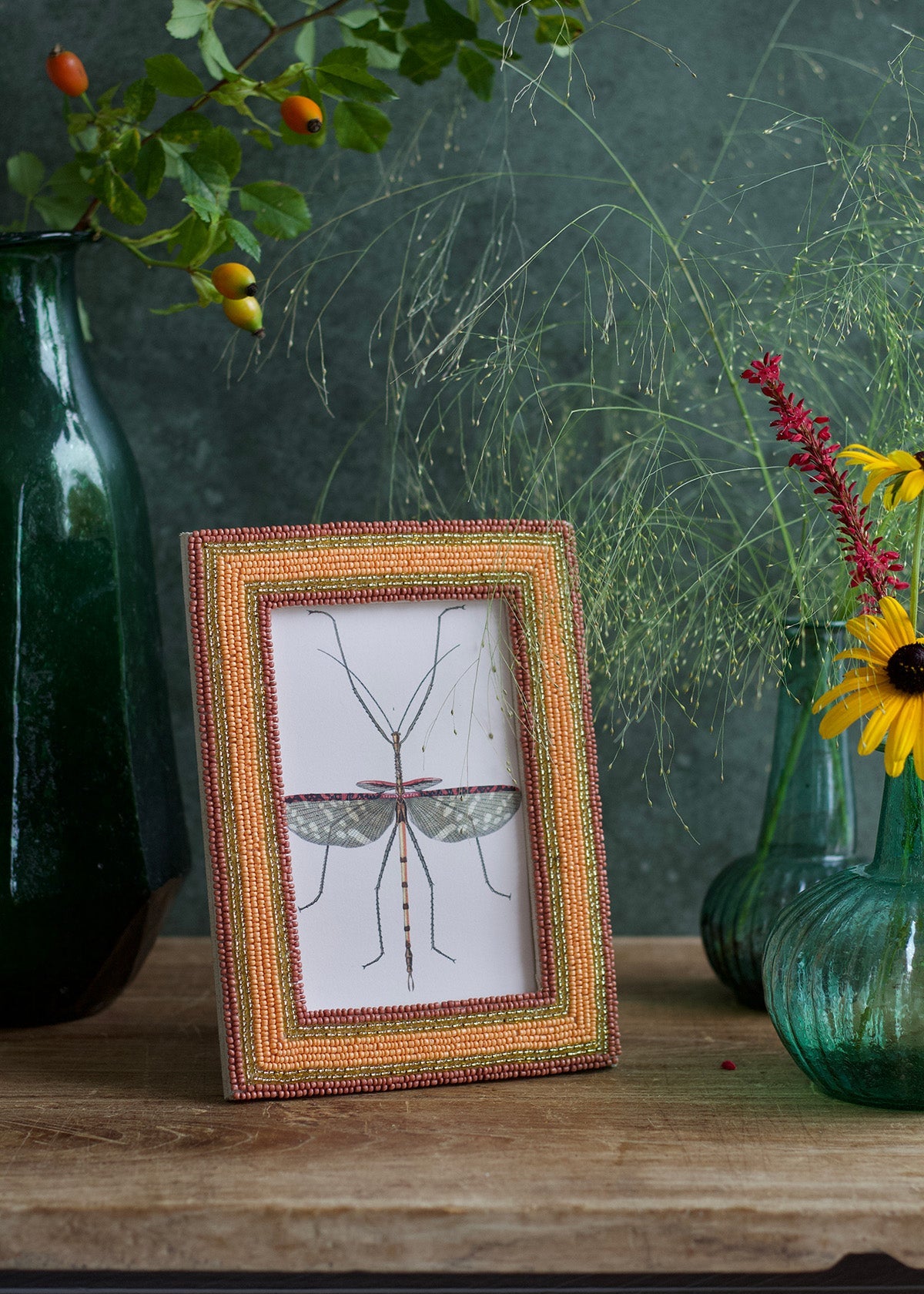 Framed artwork of a dragonfly on a wooden surface with decorative vases and plants.