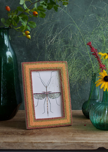 Framed artwork of a dragonfly on a wooden surface with decorative vases and plants.