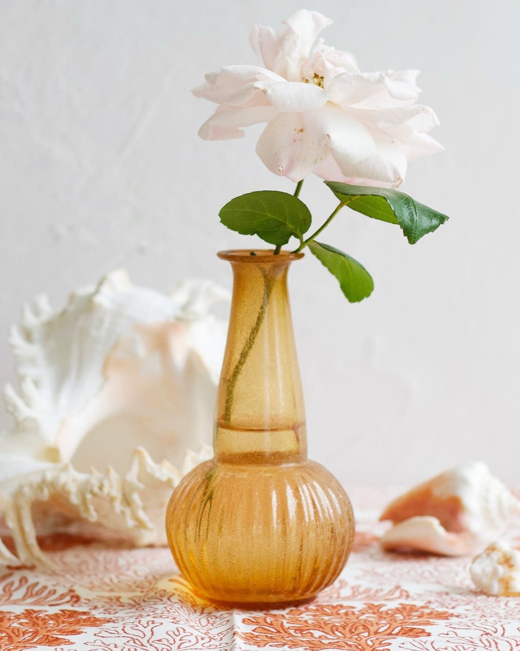 Glass vase with a white flower on a patterned tablecloth