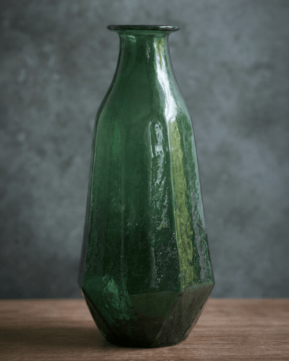 Handmade Dark Green Faceted Glass Vase