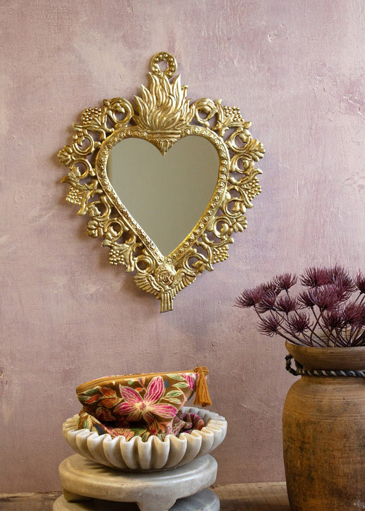 Handmade Flame Heart Mirror with Golden Finish