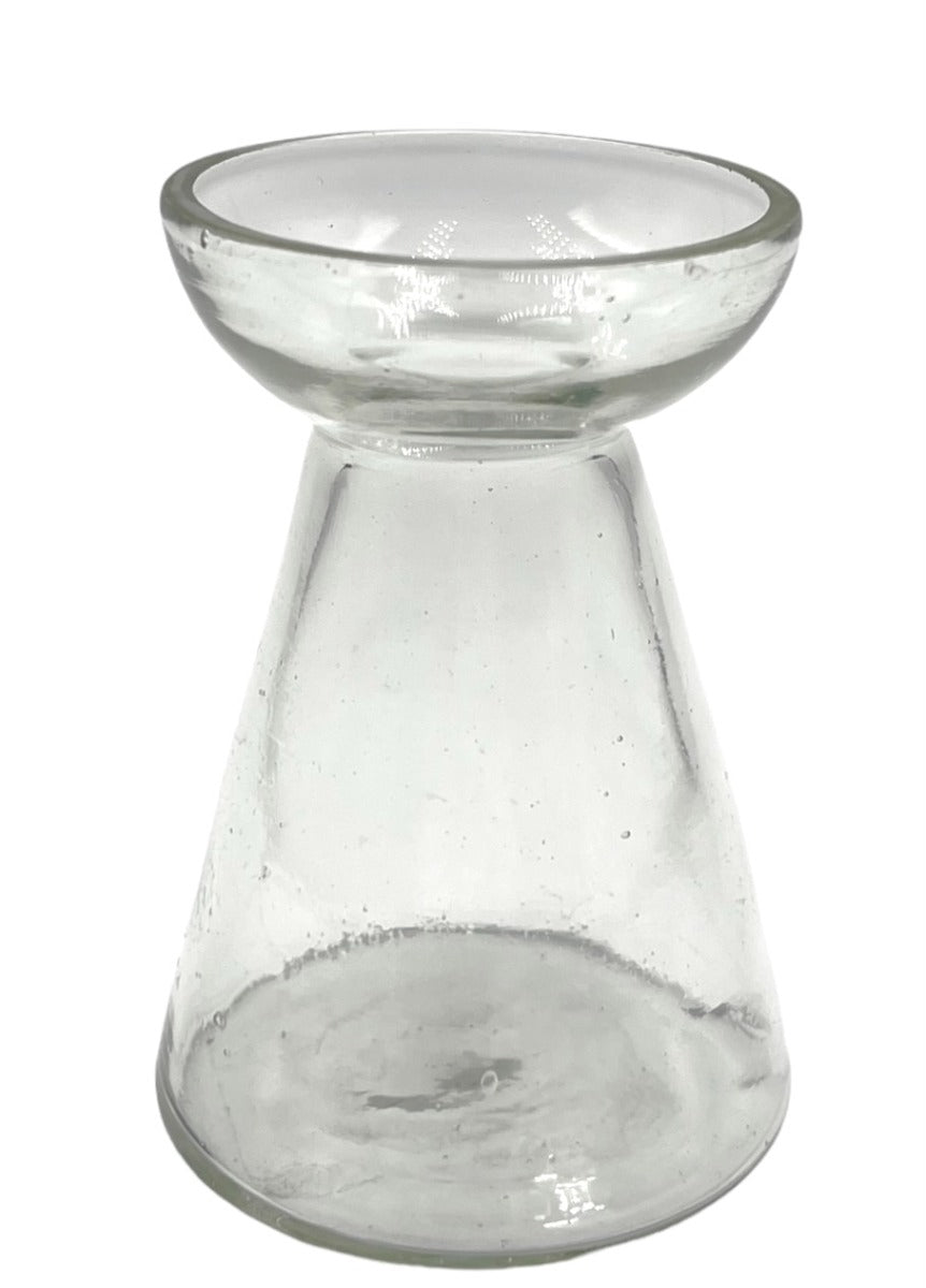 Clear cone-shaped glass hyacinth vase with wide top and handcrafted details
