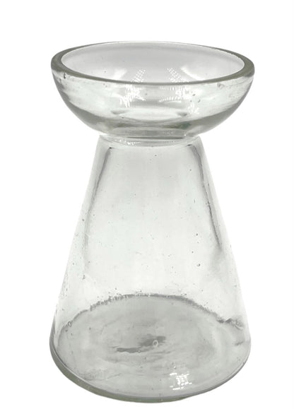 Clear cone-shaped glass hyacinth vase with wide top and handcrafted details