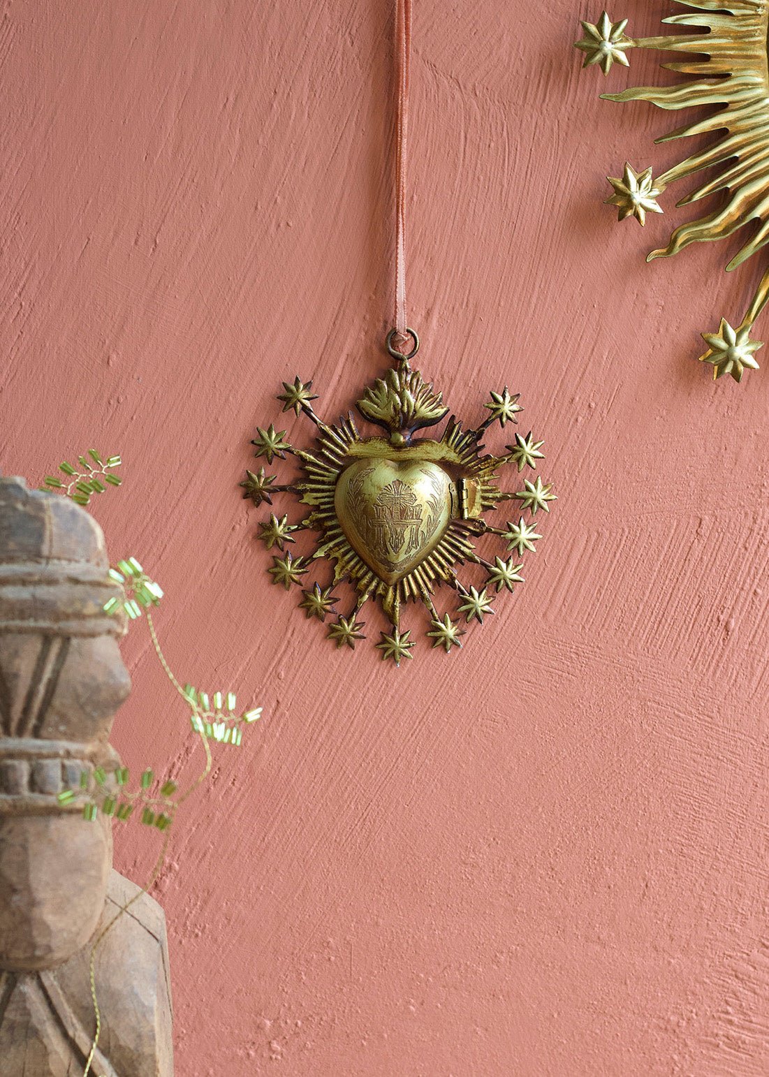 Large Brass Ex-Voto Heart with Stars