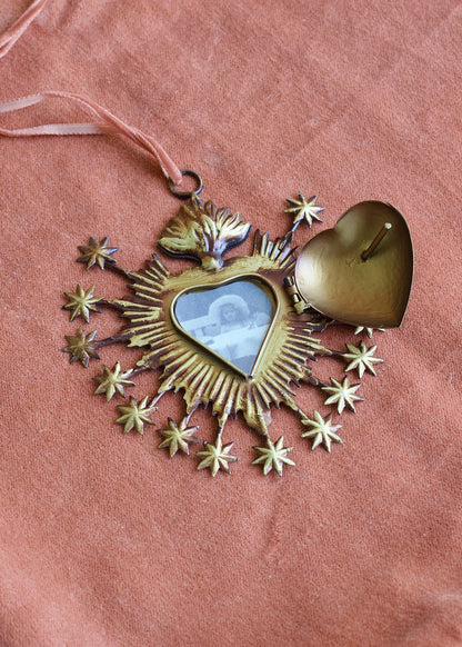 Large Brass Ex-Voto Heart with Stars