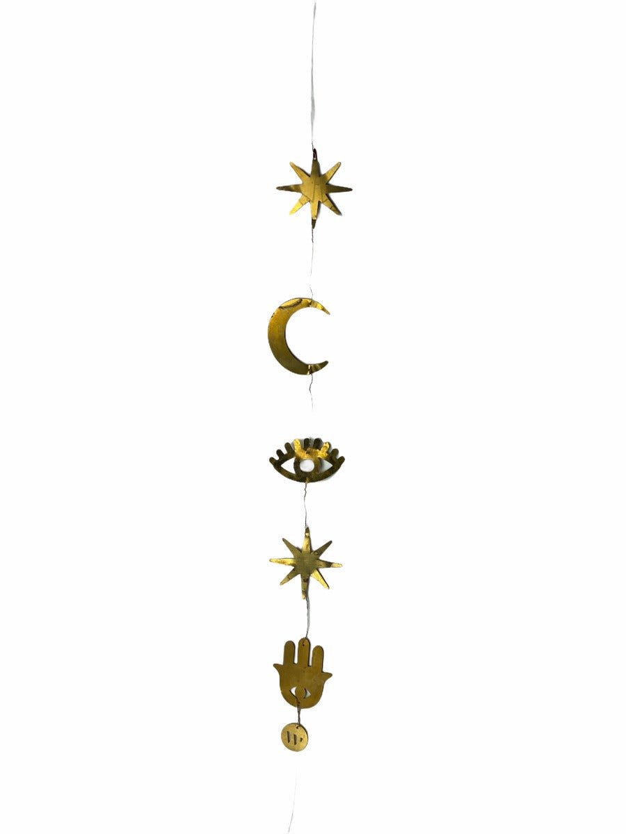 Decorative hanging with stars, moon, and hand of Fatima on a white background