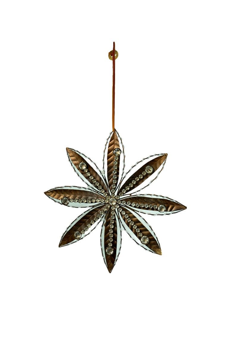 Decorative star-shaped ornament with a hanging hook on a white background