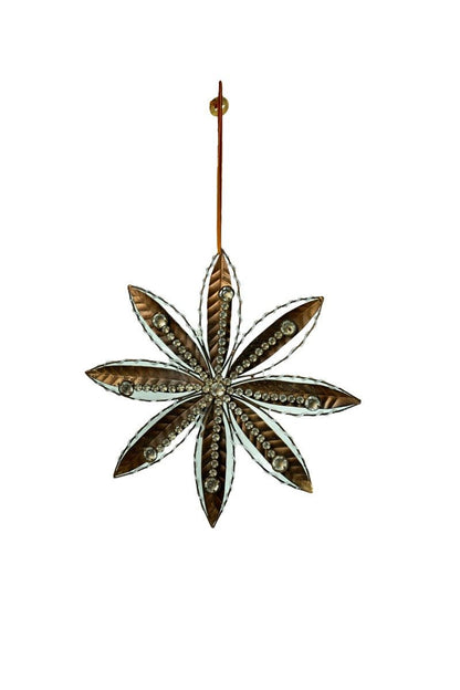 Decorative star-shaped ornament with a hanging hook on a white background