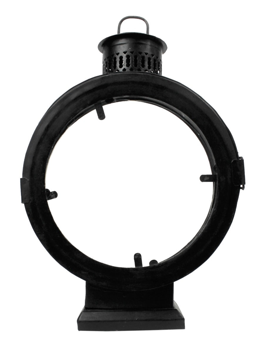 A black metal lantern featuring a circular design, showcasing intricate patterns and a classic aesthetic.