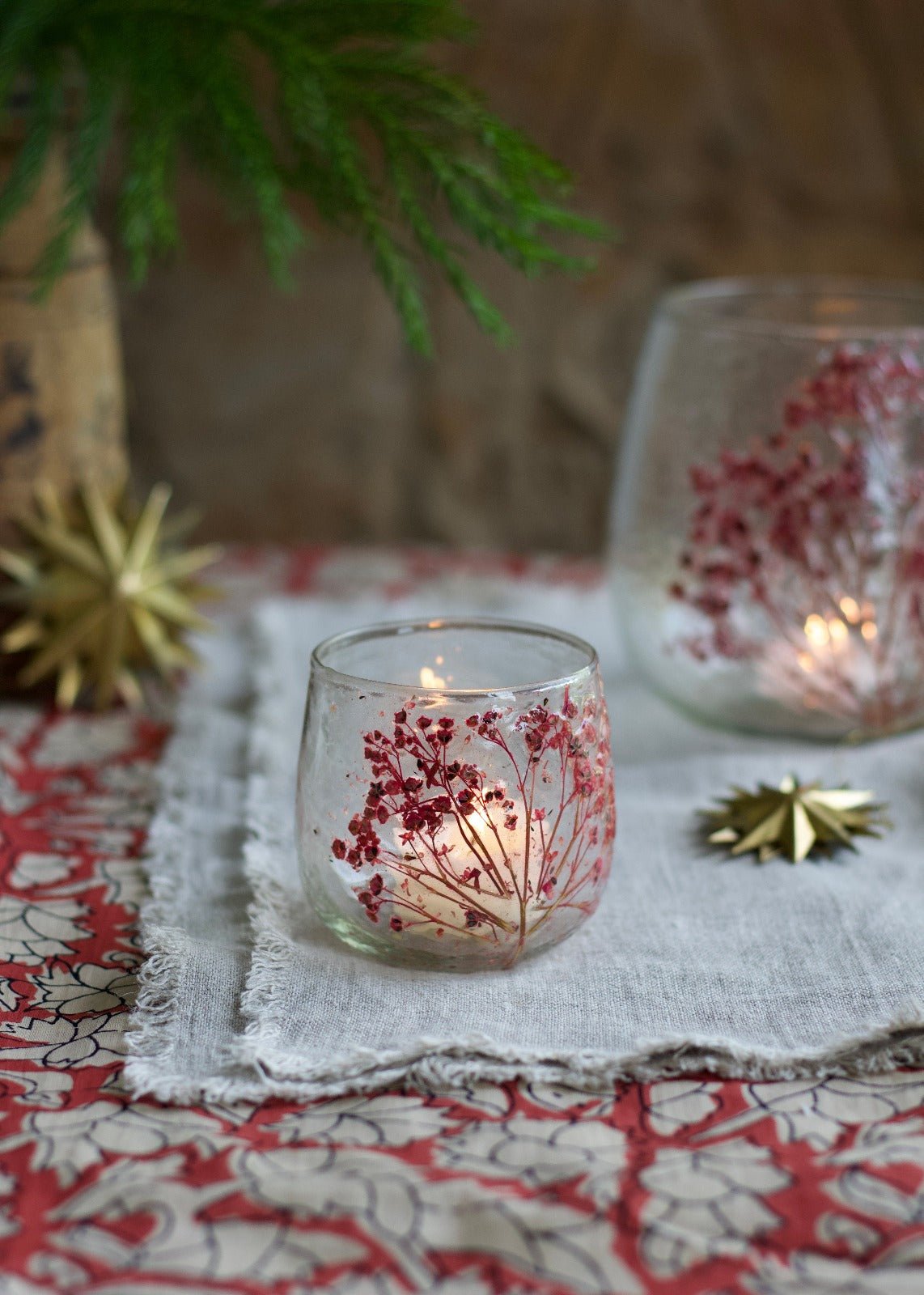 Tealight Holder with Dried Red Flowers Large