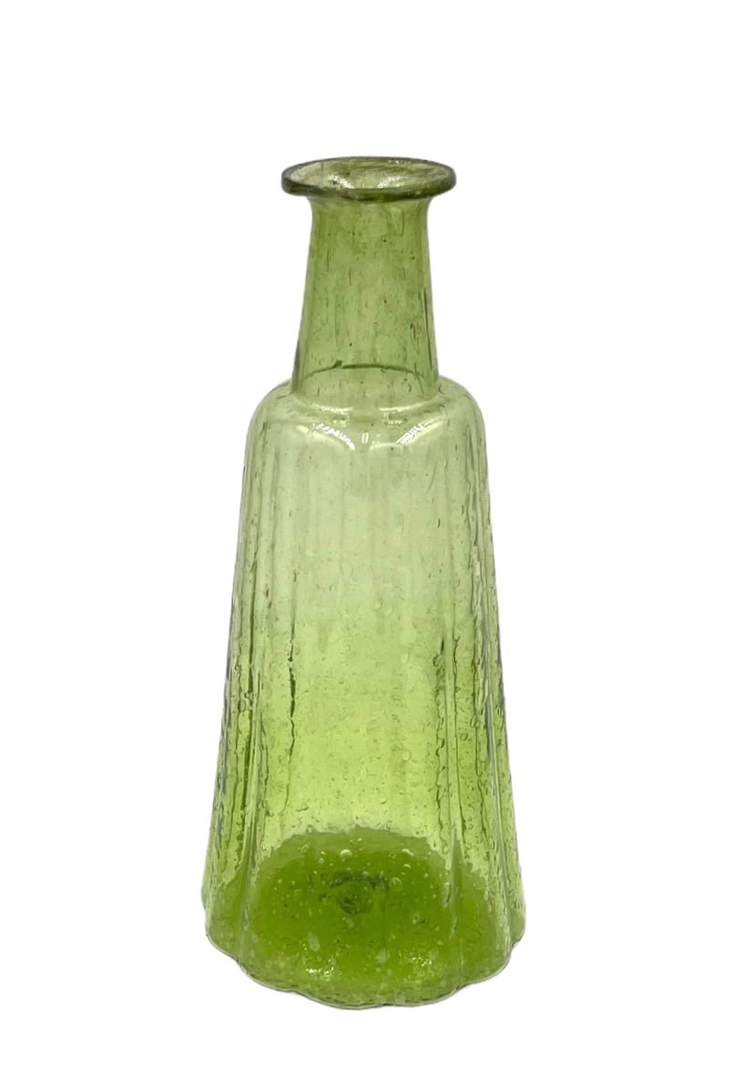 Tall green vase with a fluted silhouette and subtle vertical ridges, hand-blown from recycled glass.