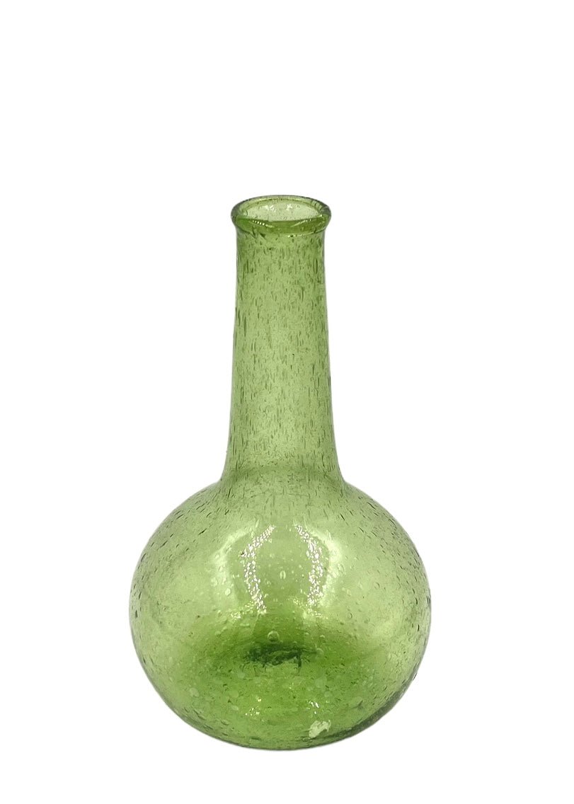 Green recycled glass vase with a bulbous base and a long narrow neck, featuring natural bubbles in the glass.