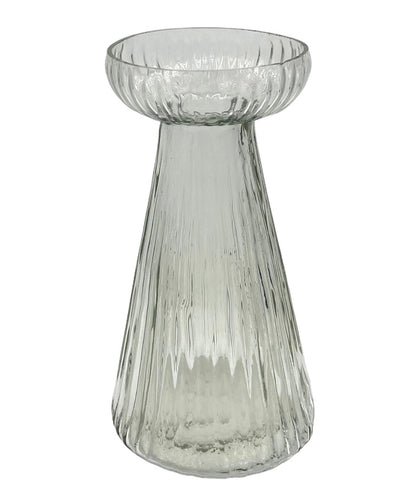 Clear ribbed hyacinth vase made from recycled glass with wide top and elegant conical shape.