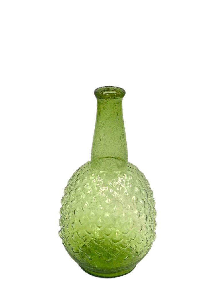 Small green glass vase with embossed diamond texture and narrow neck, hand-blown from recycled glass.