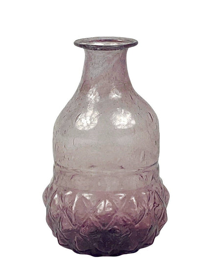 Small lilac glass vase with textured surface and decorative diamond-cut detailing at the base.