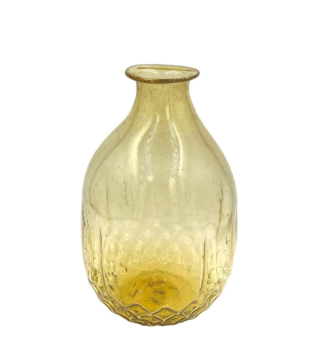 Small amber-yellow recycled glass vase with a round body, narrow neck and subtle diamond pattern on the base.